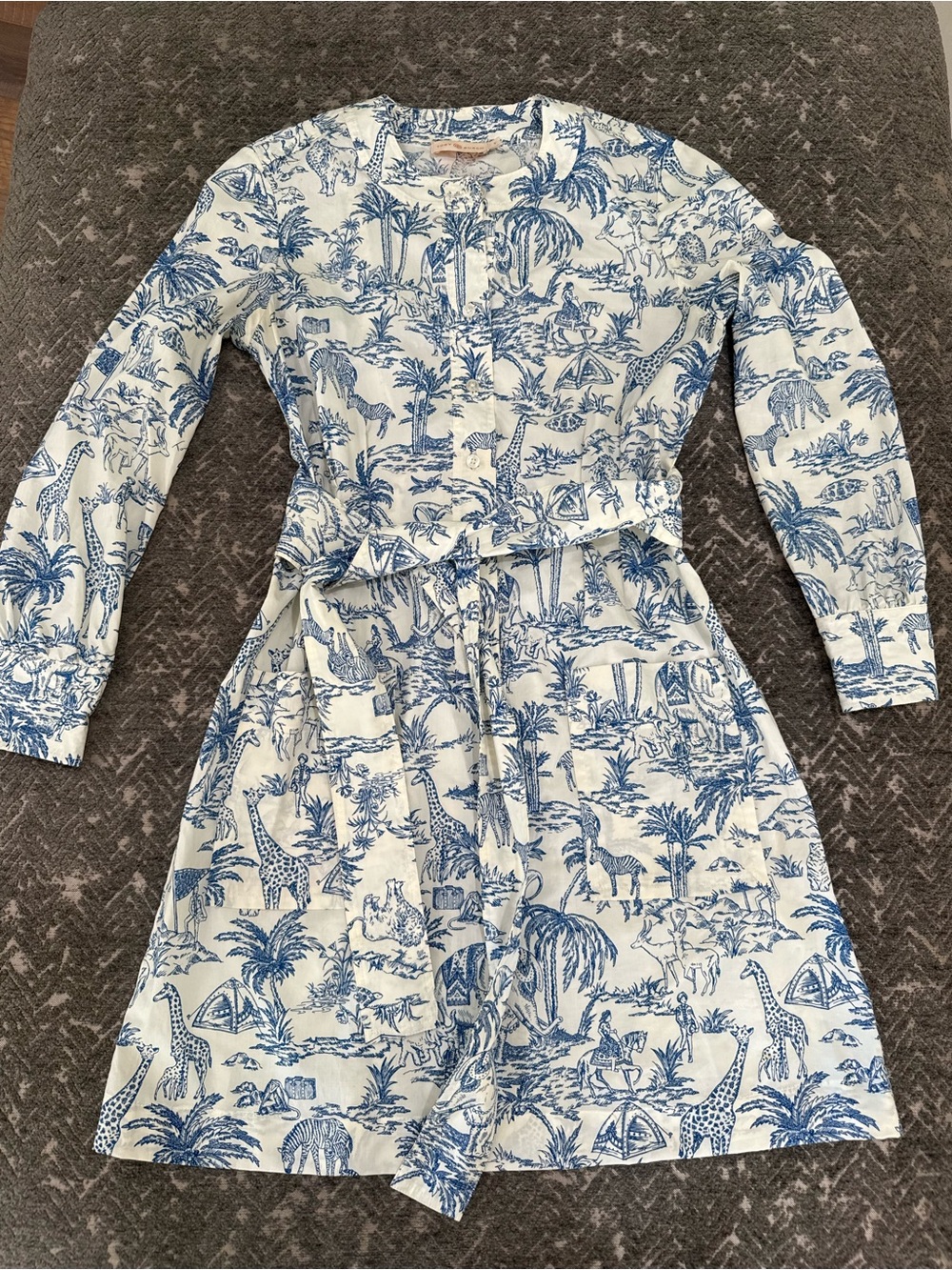 Tory Burch Far & Away Safari Toile Belted Shirt Dress Blue White Size 0